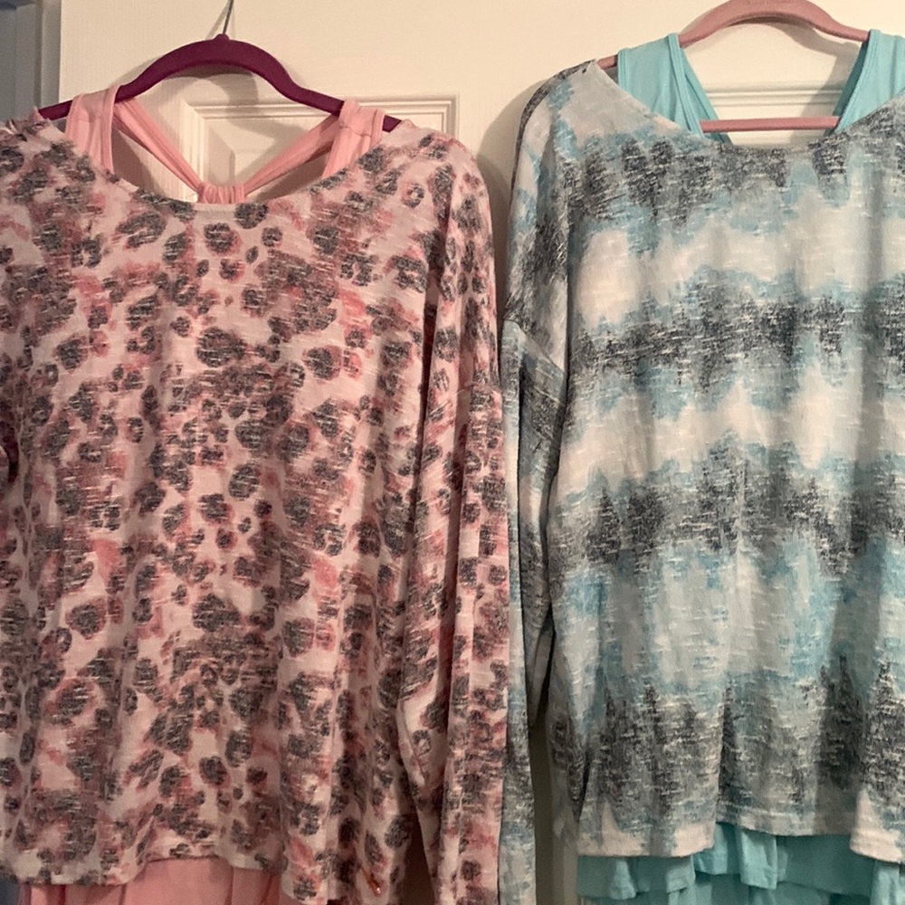 2 Justice tanks with light sweater over, not connected.